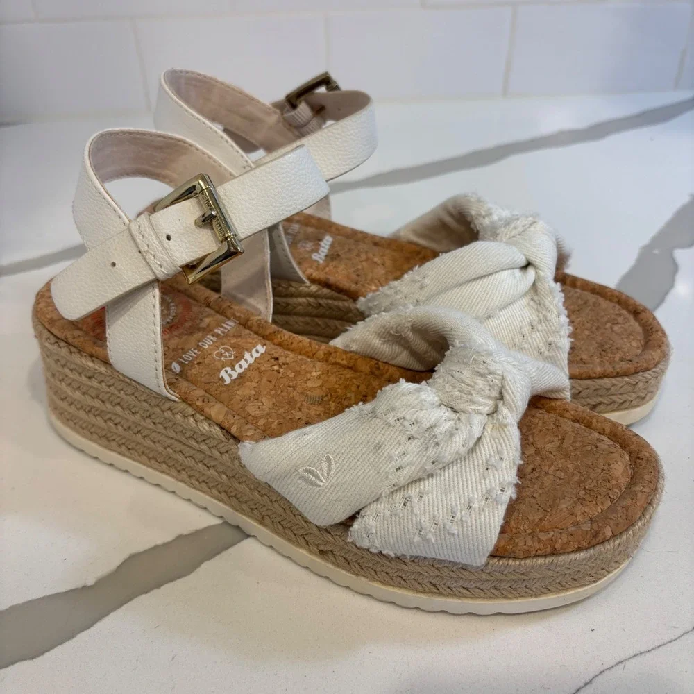 Bata Love Our Planet White Canvas Knot Platform Espadrille Sandals Vegan Size 37